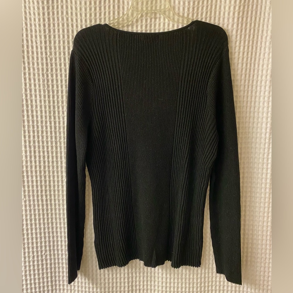 Long sleeved, stretchy shirt. Neckline- V-neck. Color- Black and shimmery. - Picture 2 of 3